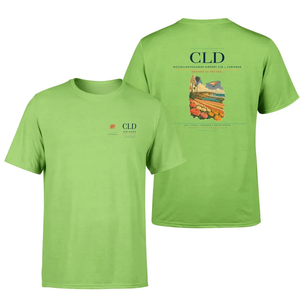 McClellan-Palomar Airport (CLD) design printed on light green double-side t-shirt