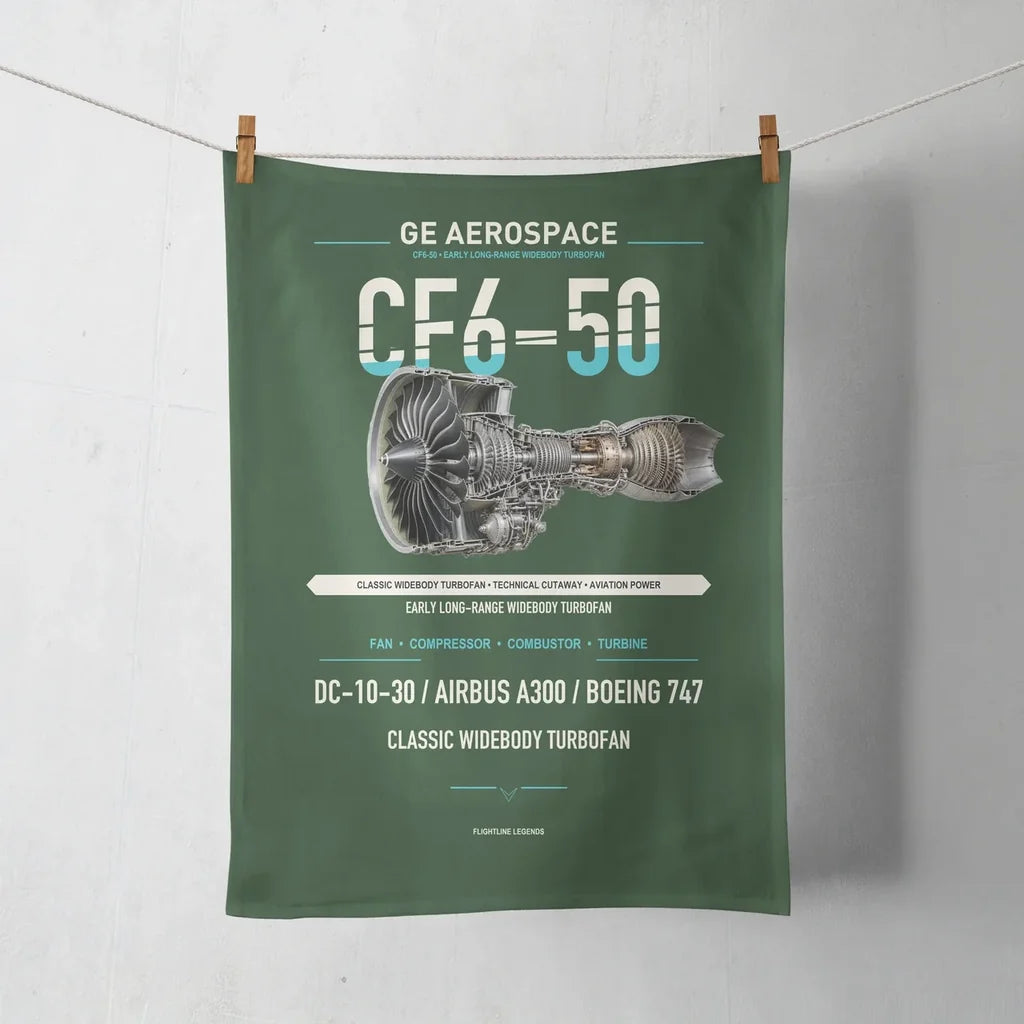 CF6-50 design on dark green towel