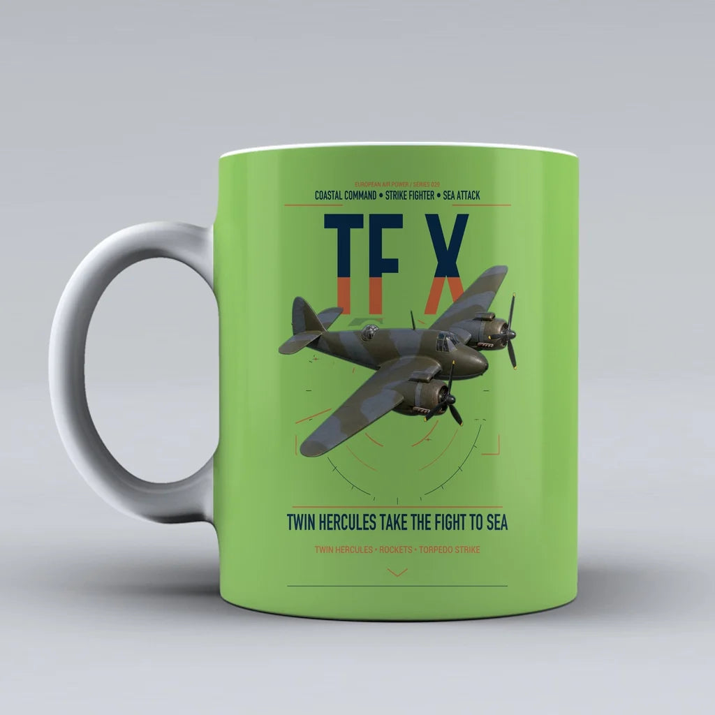 Bristol Beaufighter TF X design on light green ceramic mug, double-side print