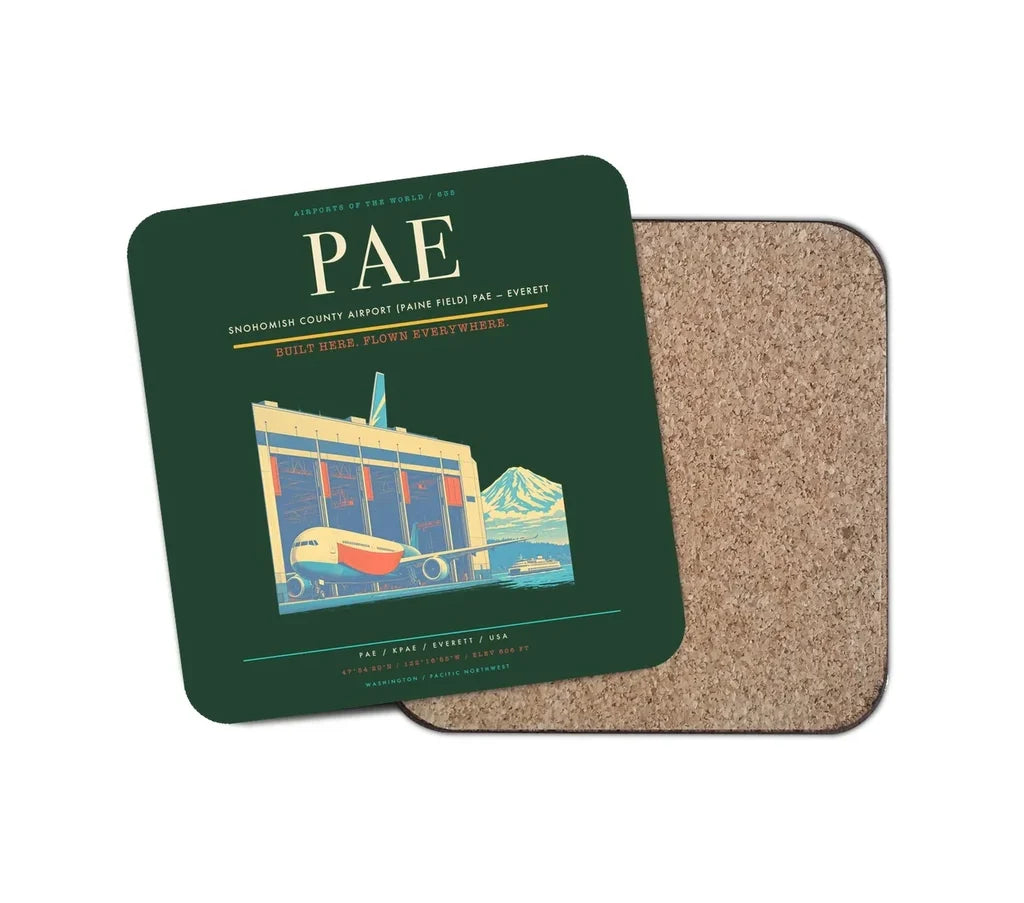Snohomish County Airport (Paine Field) (PAE) design on dark green 1 piece coaster