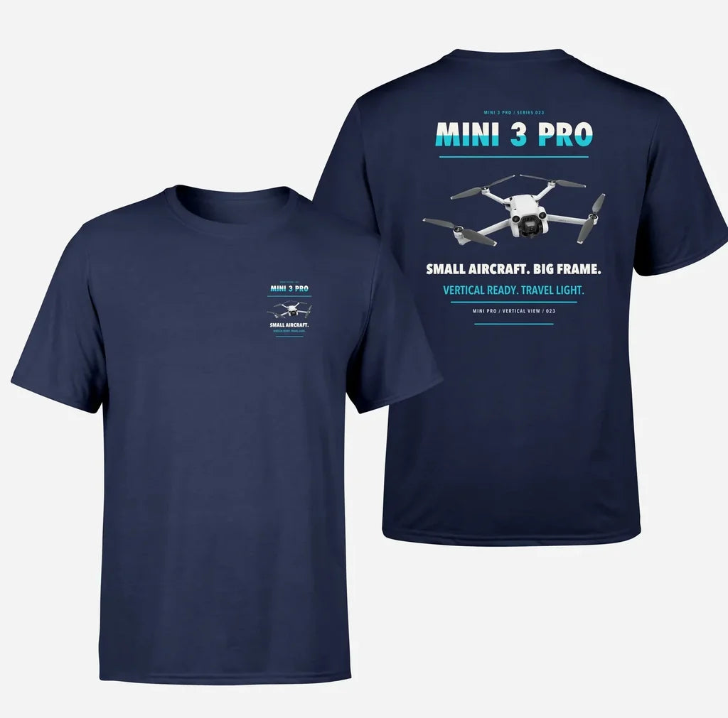 DJI Mini 3 Pro design on navy blue t shirt