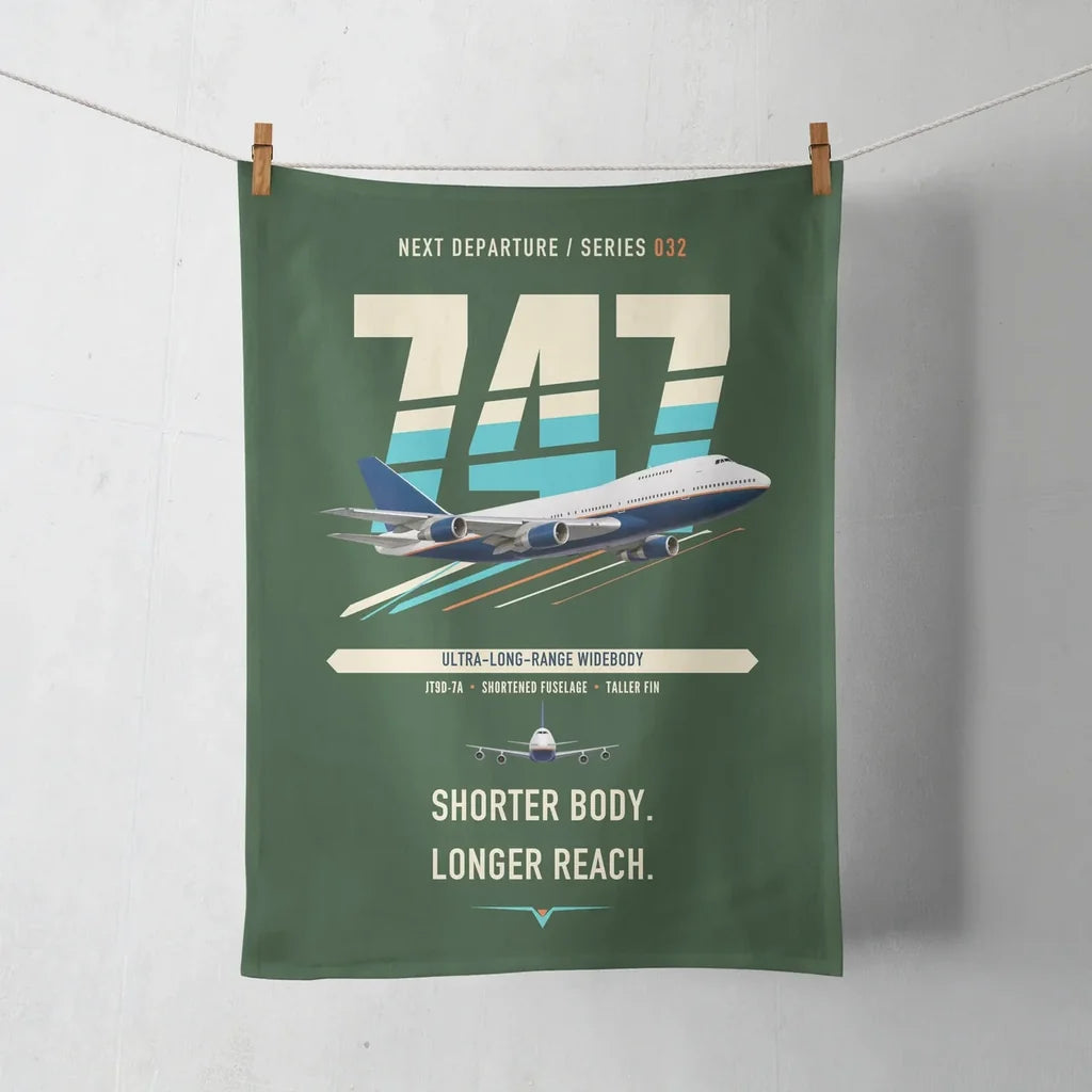 Boeing 747SP design on dark green towel