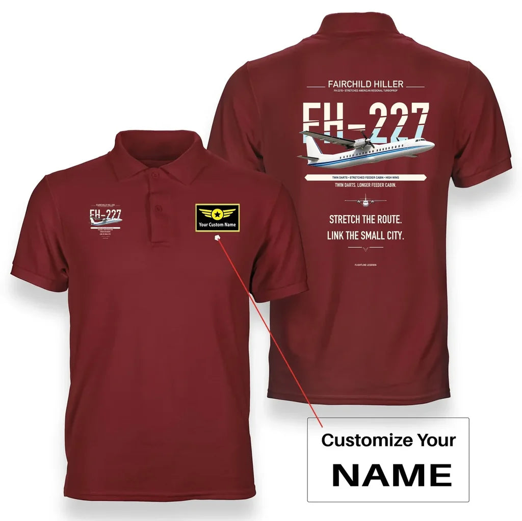 Fairchild Hiller FH-227B design on red polo with custom name badge