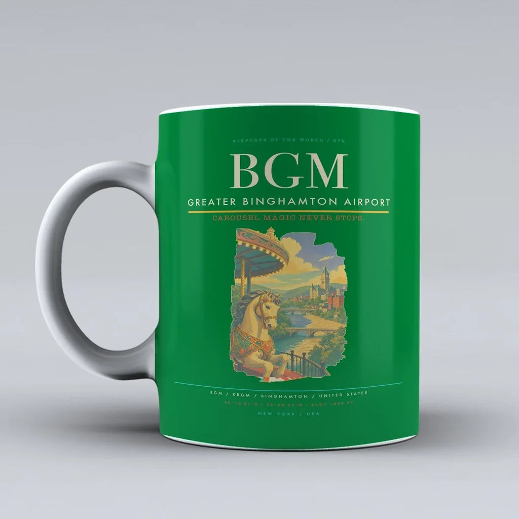 Greater Binghamton Airport (BGM) airport code design on green ceramic mug