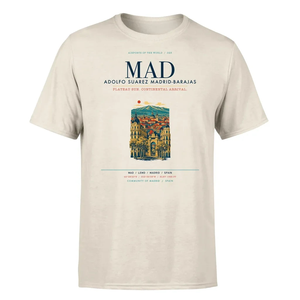 Madrid Airport (MAD) T-Shirt single-side front print in Beige | madrid-mad-airport-double-side-t-shirt