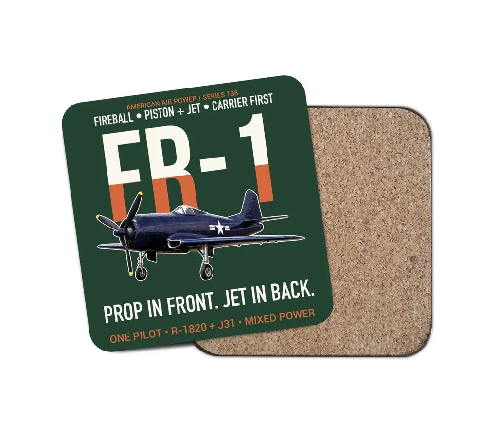 FR-1 Fireball Prop in Front Jet in Back design on dark green 1 piece coaster