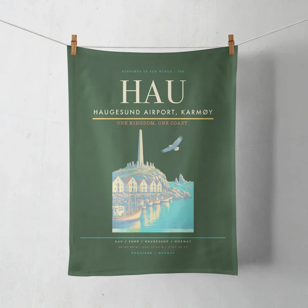 Haugesund Airport, Karmøy (HAU) design on dark green towel