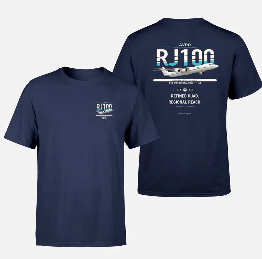Avro RJ100 design on navy blue double-side t-shirt, double-side print
