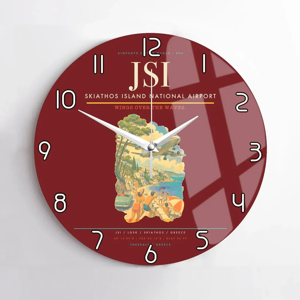 Skiathos Island National Airport (JSI) design on dark red no frame wall clock