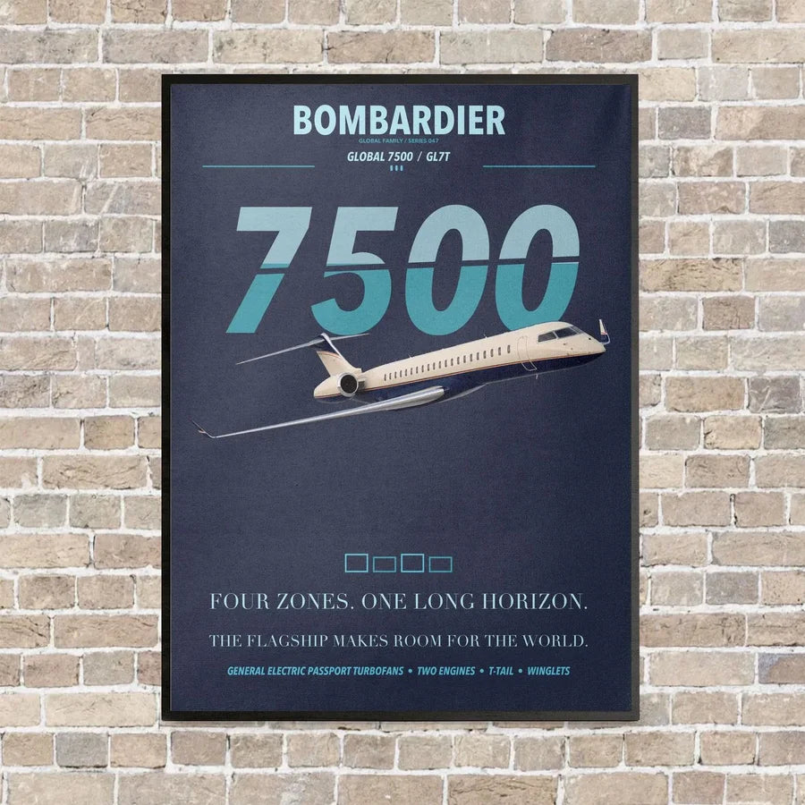 Bombardier Global 7500 vertical canvas print - framed - navy blue background