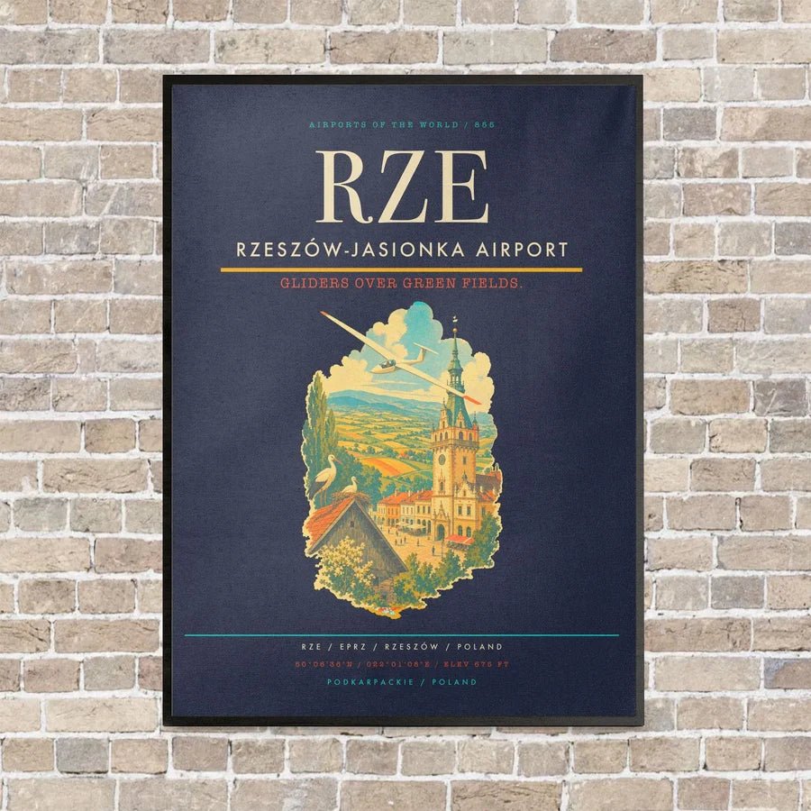 Rzeszów-Jasionka Airport RZE vertical canvas print - framed - navy blue background