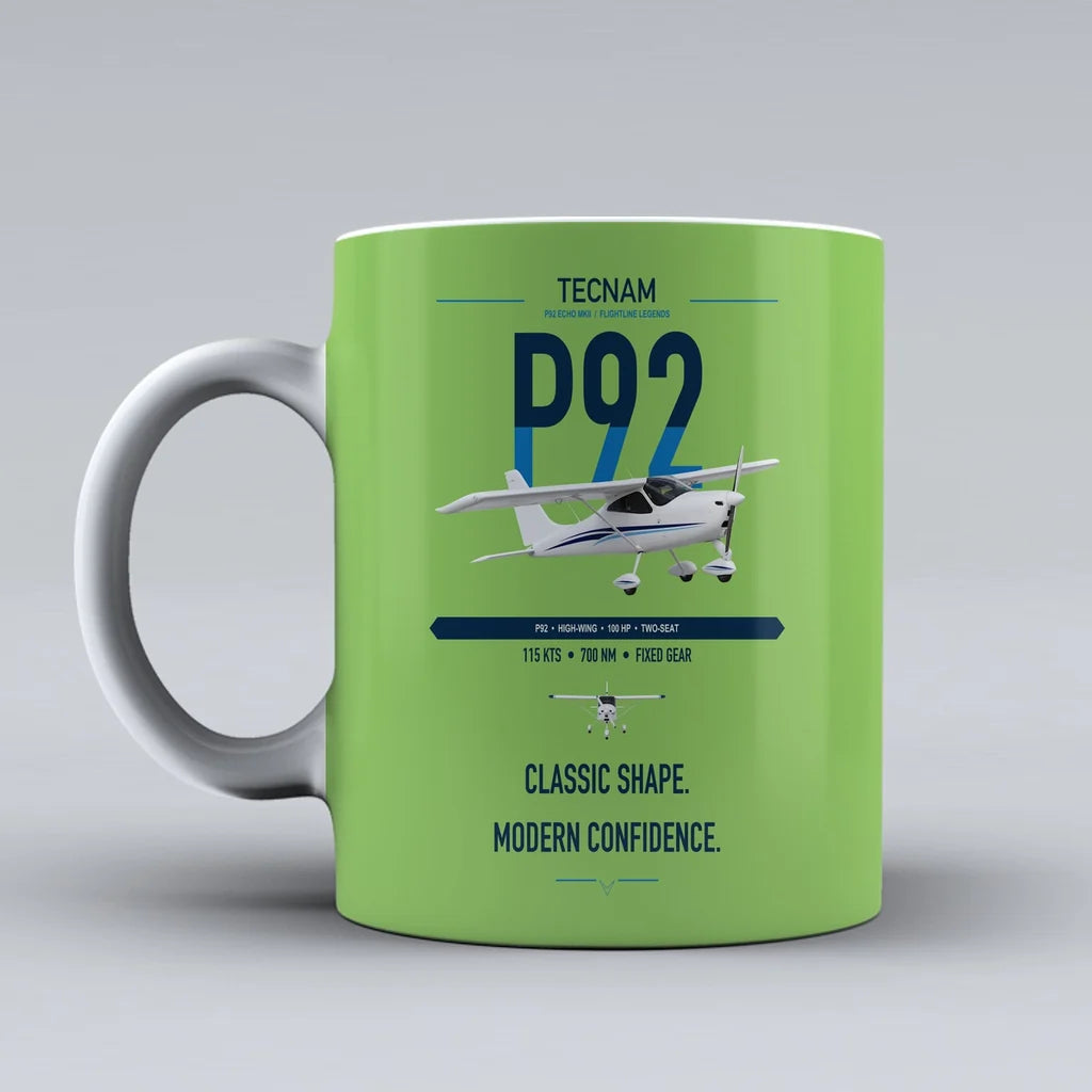 Tecnam P92 Echo MkII design on light green ceramic mug, double-side print
