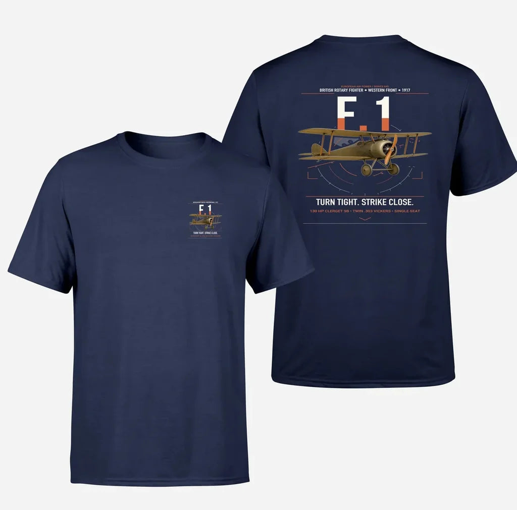 Sopwith Camel F.1 design on navy blue t-shirt, double-side print