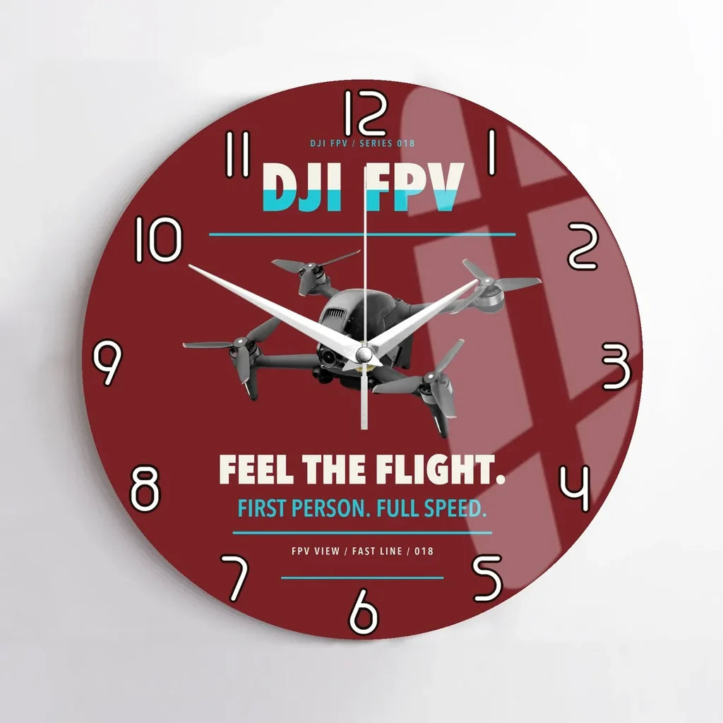 DJI FPV design on dark red no frame wall clock