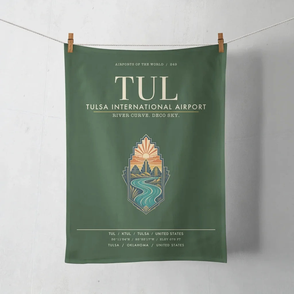 Tulsa International Airport (TUL) design on dark green towel
