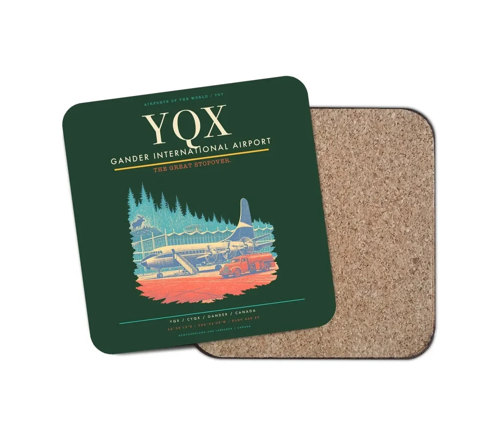 Gander International Airport (YQX) design on dark green 1 piece coaster