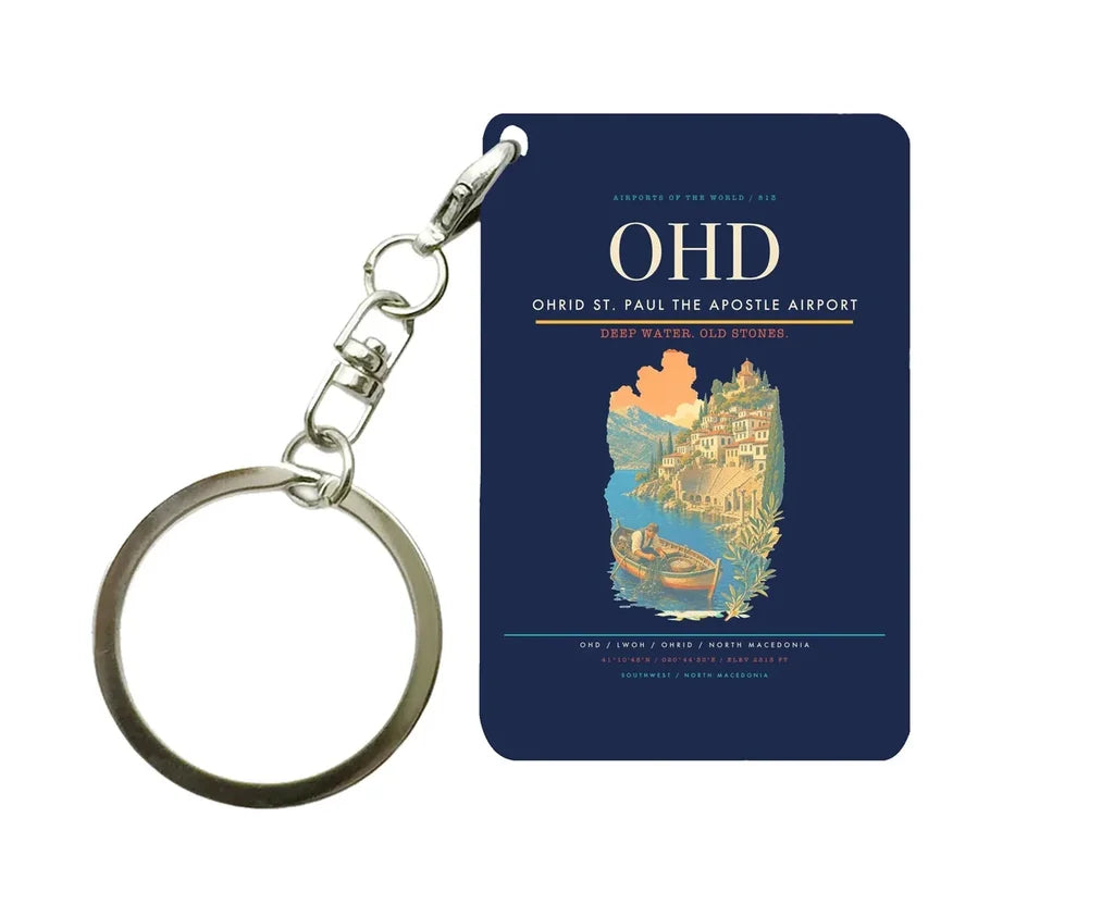 Ohrid St. Paul the Apostle Airport (OHD) design on navy blue key chain