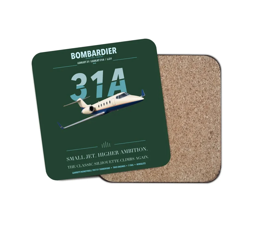 Bombardier Learjet 31A design on dark green 1 piece coaster