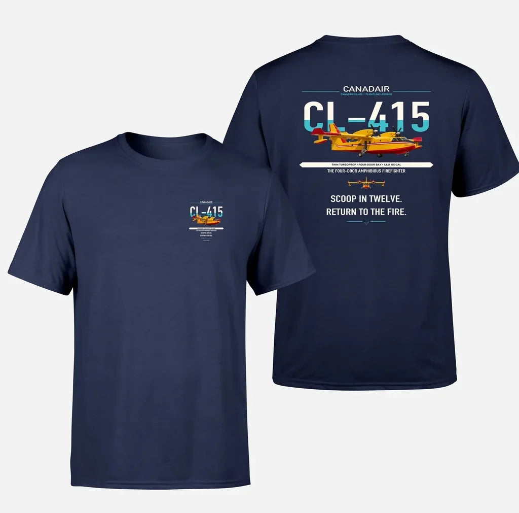 Canadair CL-415 design on navy blue t-shirt, double-side print