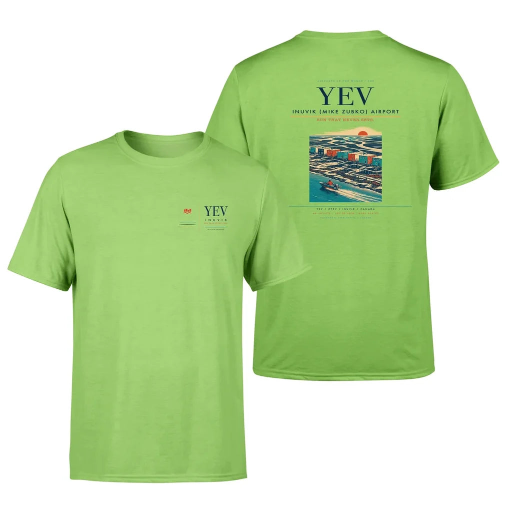 Inuvik (Mike Zubko) Airport (YEV) design printed on light green double-side t-shirt