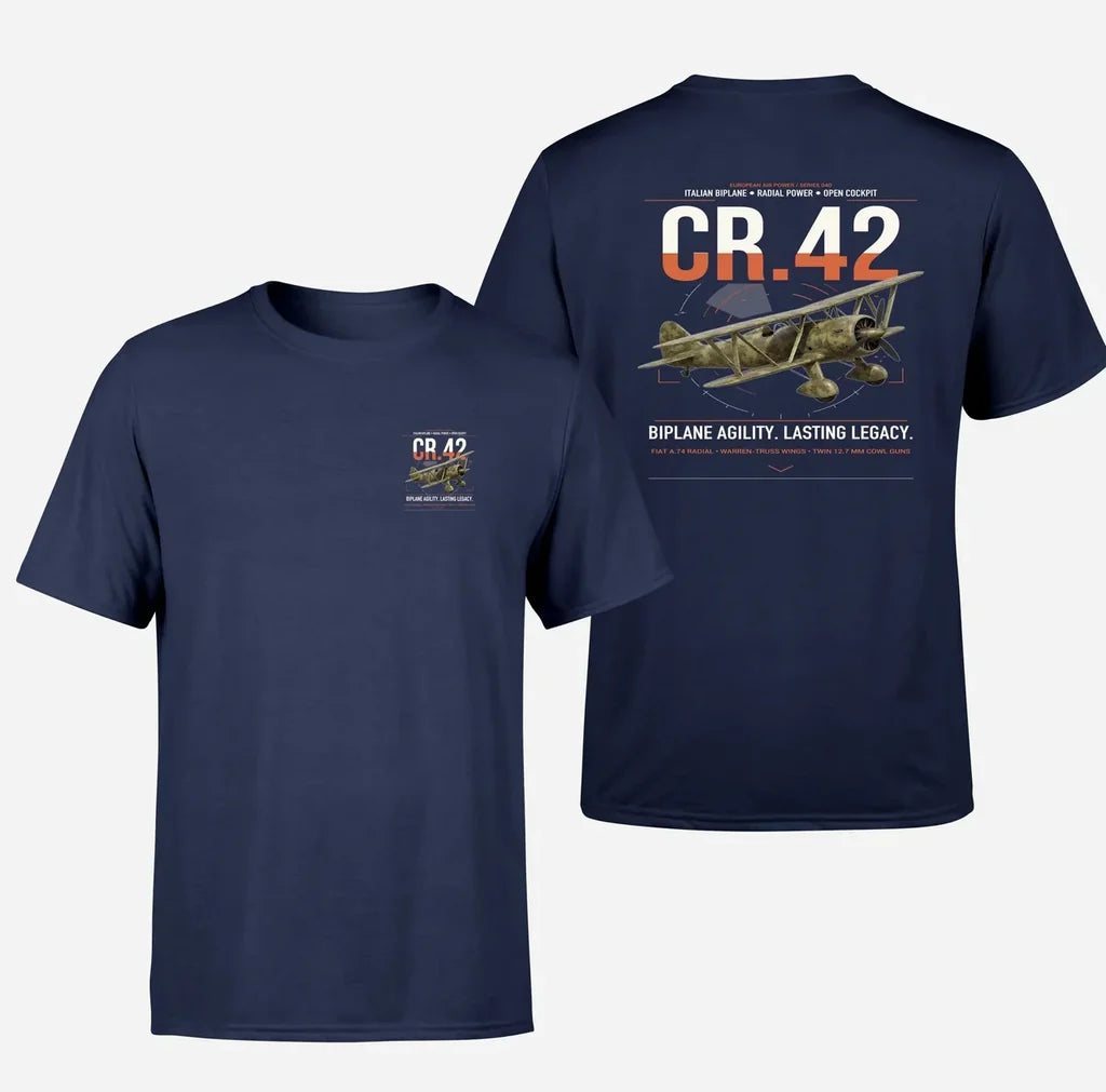 Fiat CR.42 Falco design on navy blue t-shirt, double-side print