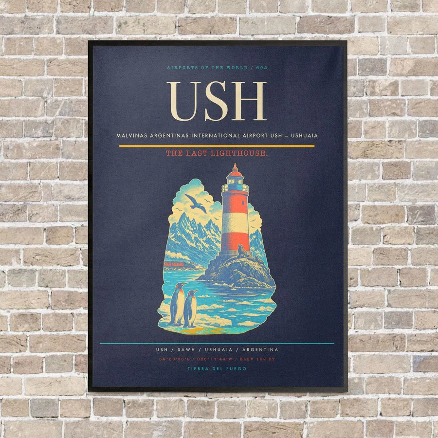 Malvinas Argentinas International Airport USH — Ushuaia vertical canvas print - framed - navy blue background