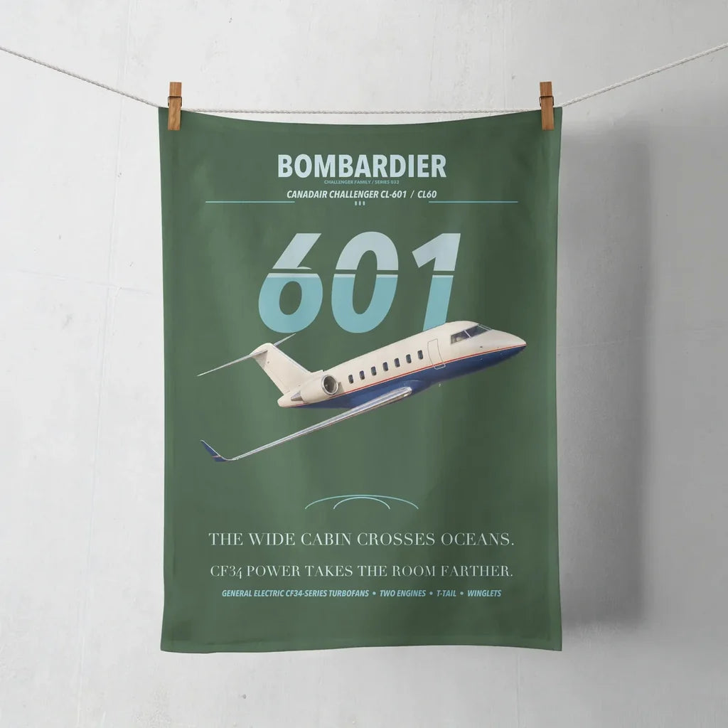Bombardier Challenger 601 design on dark green towel