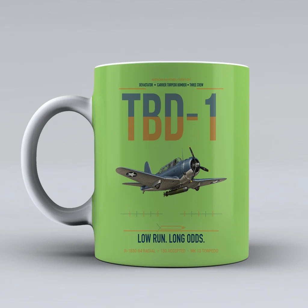 TBD-1 Devastator design on light green ceramic mug, double-side print