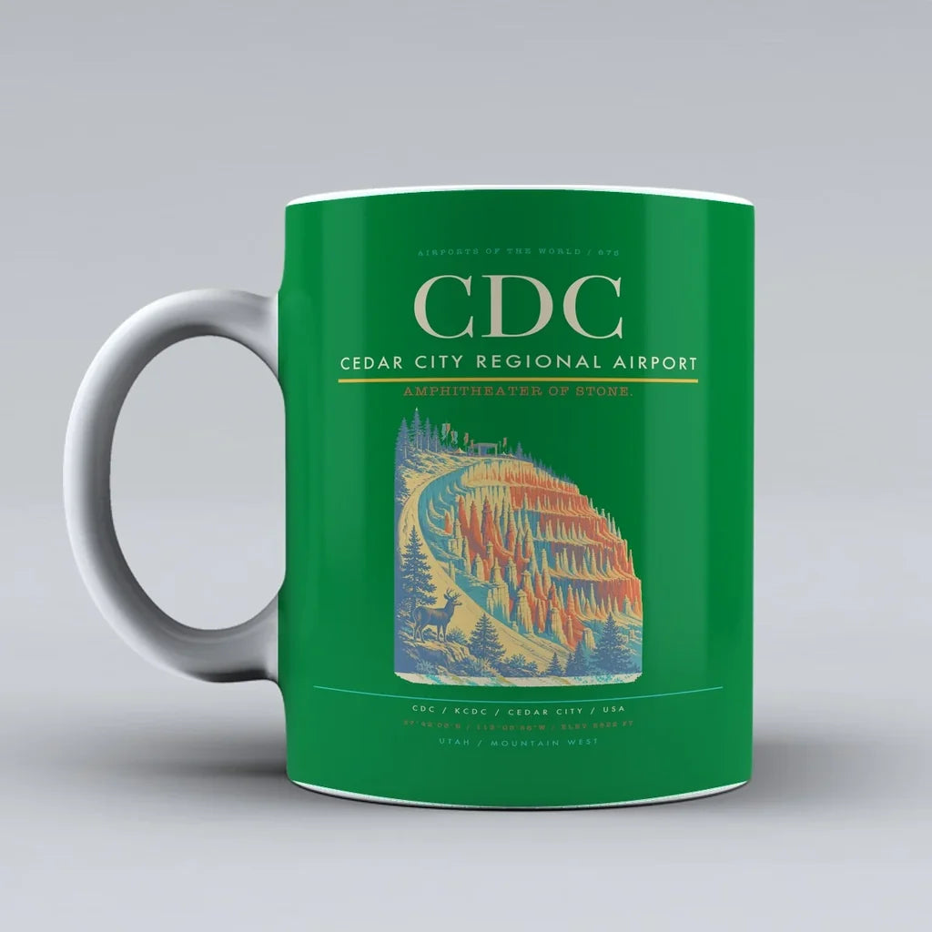 Cedar City Regional Airport (CDC) airport code design on green ceramic mug