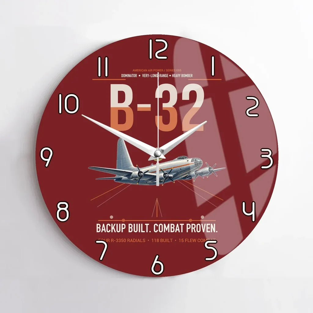 B-32 Dominator design on dark red no frame wall clock