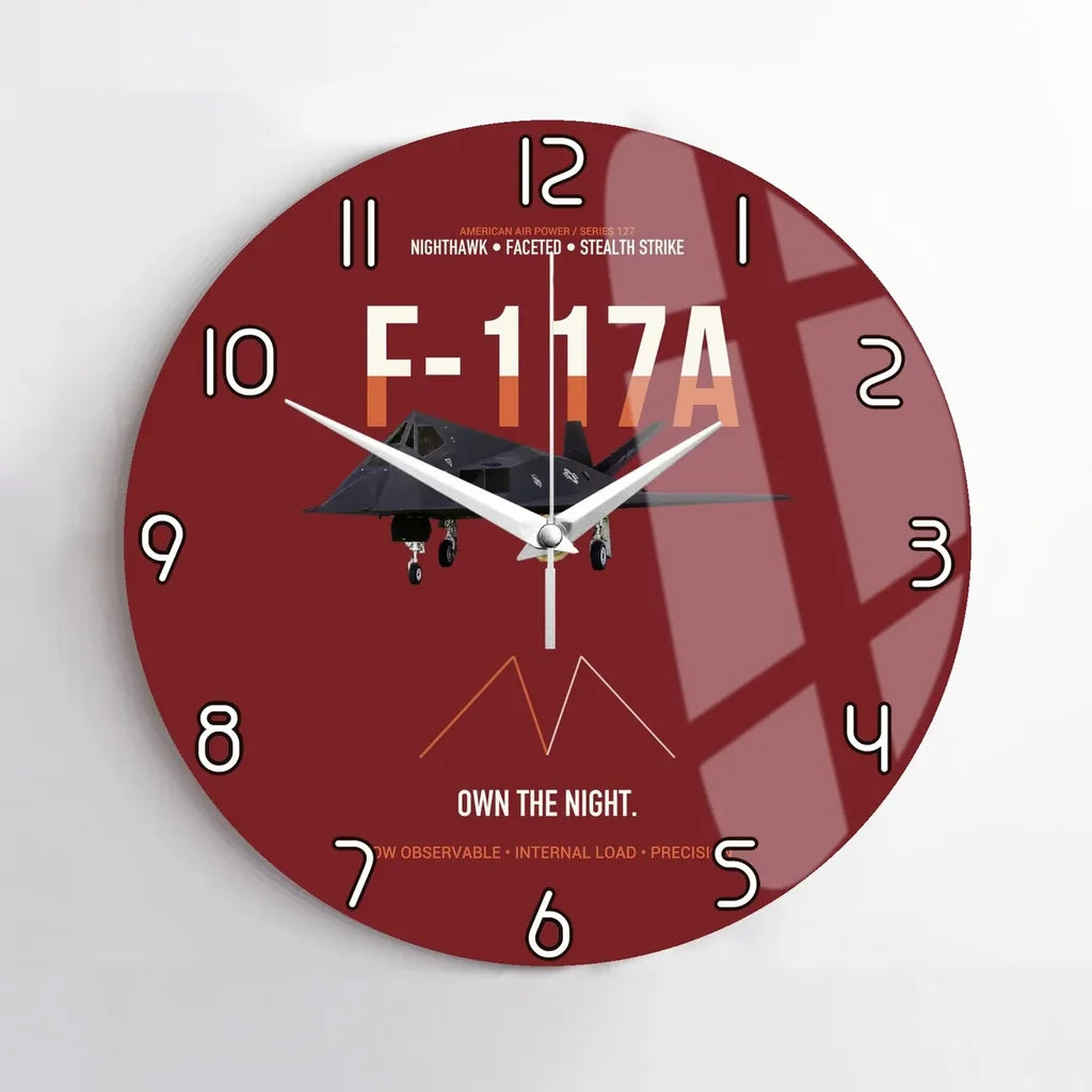 F-117A Nighthawk Own The Night design on dark red no frame wall clock