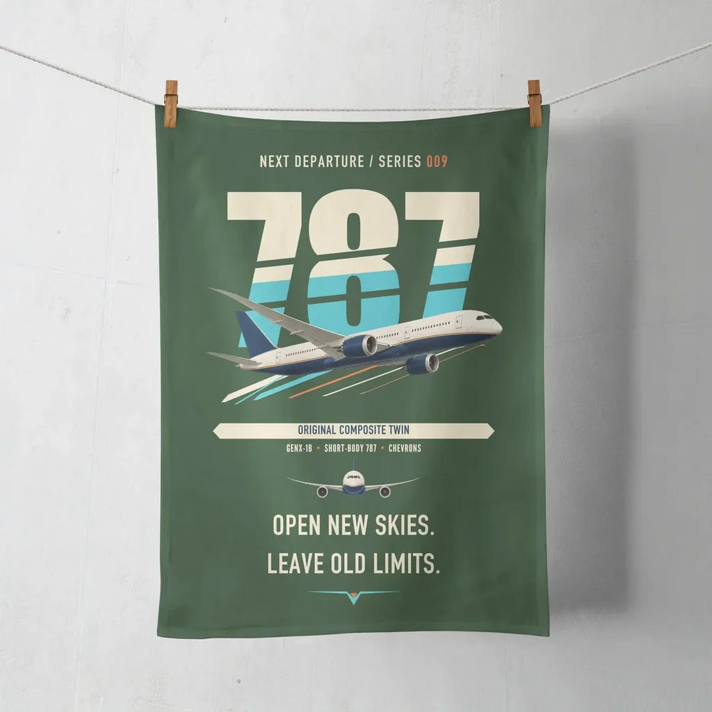 Boeing 787-8 Dreamliner design on dark green towel