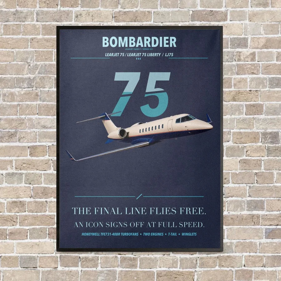 Bombardier Learjet 75 Liberty vertical canvas print - framed - navy blue background