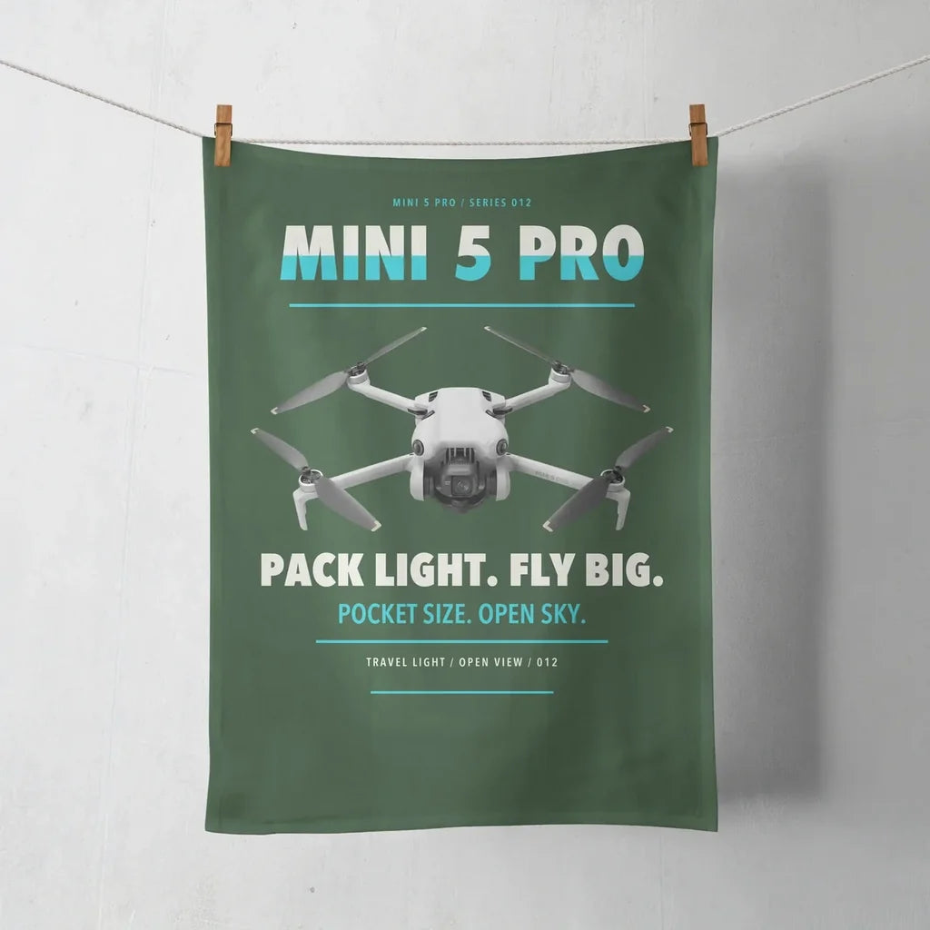 DJI Mini 5 Pro design on dark green towel