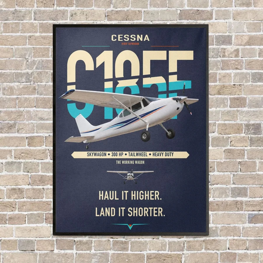 Cessna A185F Skywagon vertical canvas print - framed - navy blue background