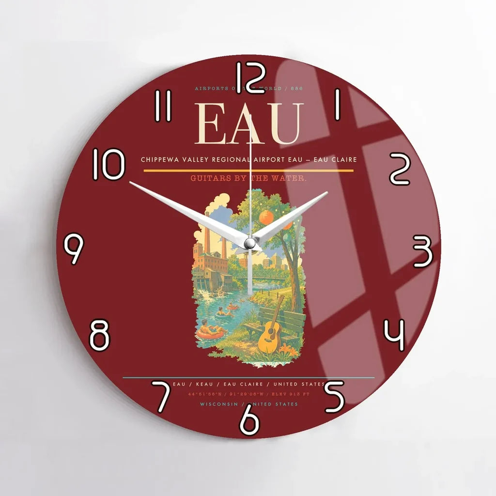 Chippewa Valley Regional Airport (EAU) design on dark red no frame wall clock