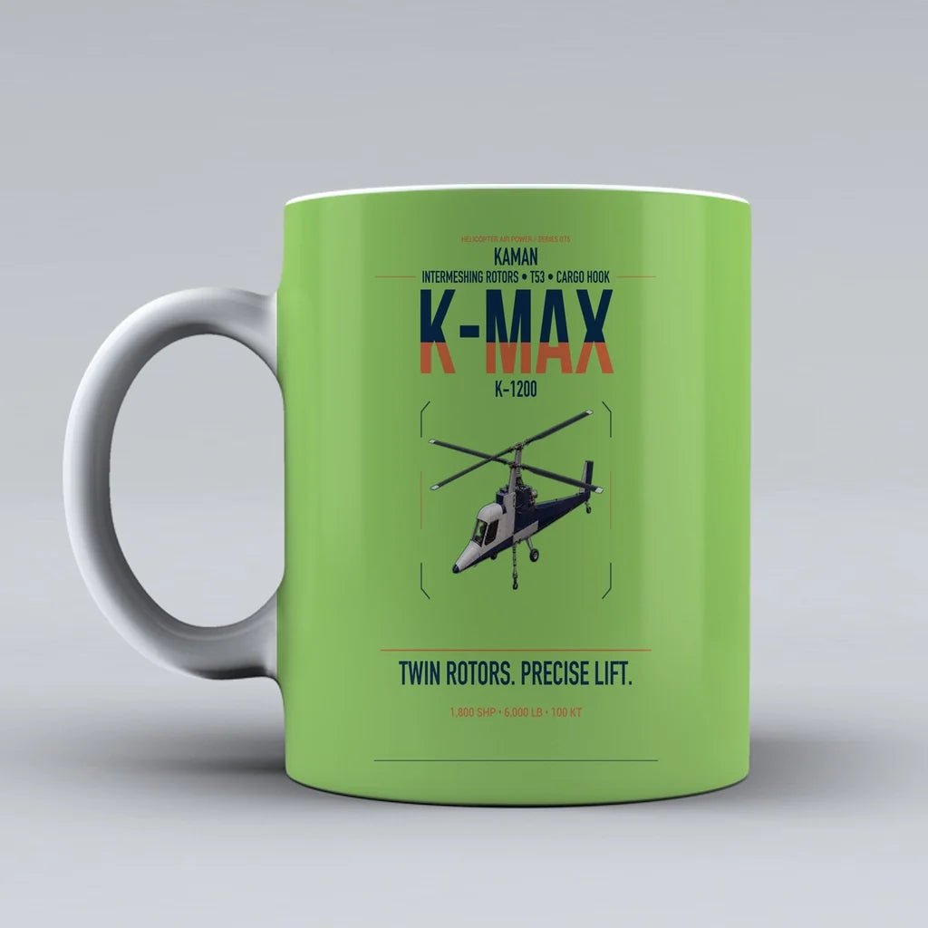 Kaman K-1200 K-MAX design on light green ceramic mug, double-side print