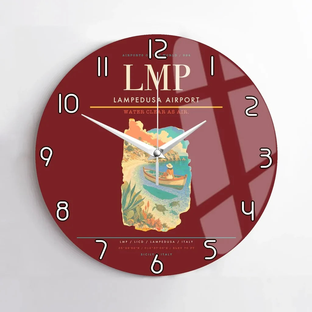 Lampedusa Airport (LMP) design on dark red no frame wall clock