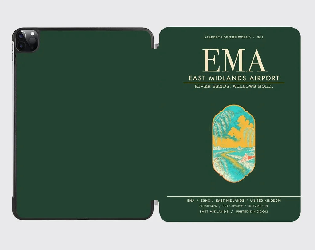 East Midlands Airport (EMA) design on dark green ipad tablet case