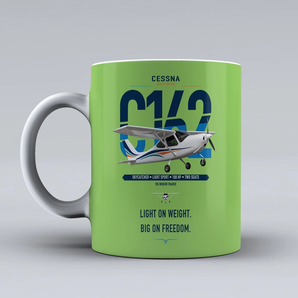 Cessna 162 Skycatcher design on light green ceramic mug, double-side print