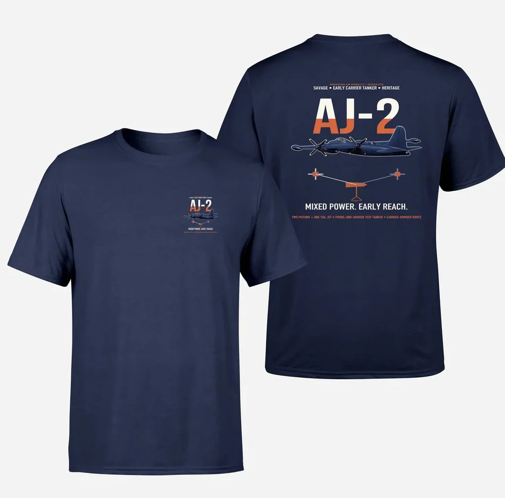 AJ-2 Savage Tanker design on navy blue double-side t-shirt, double-side print