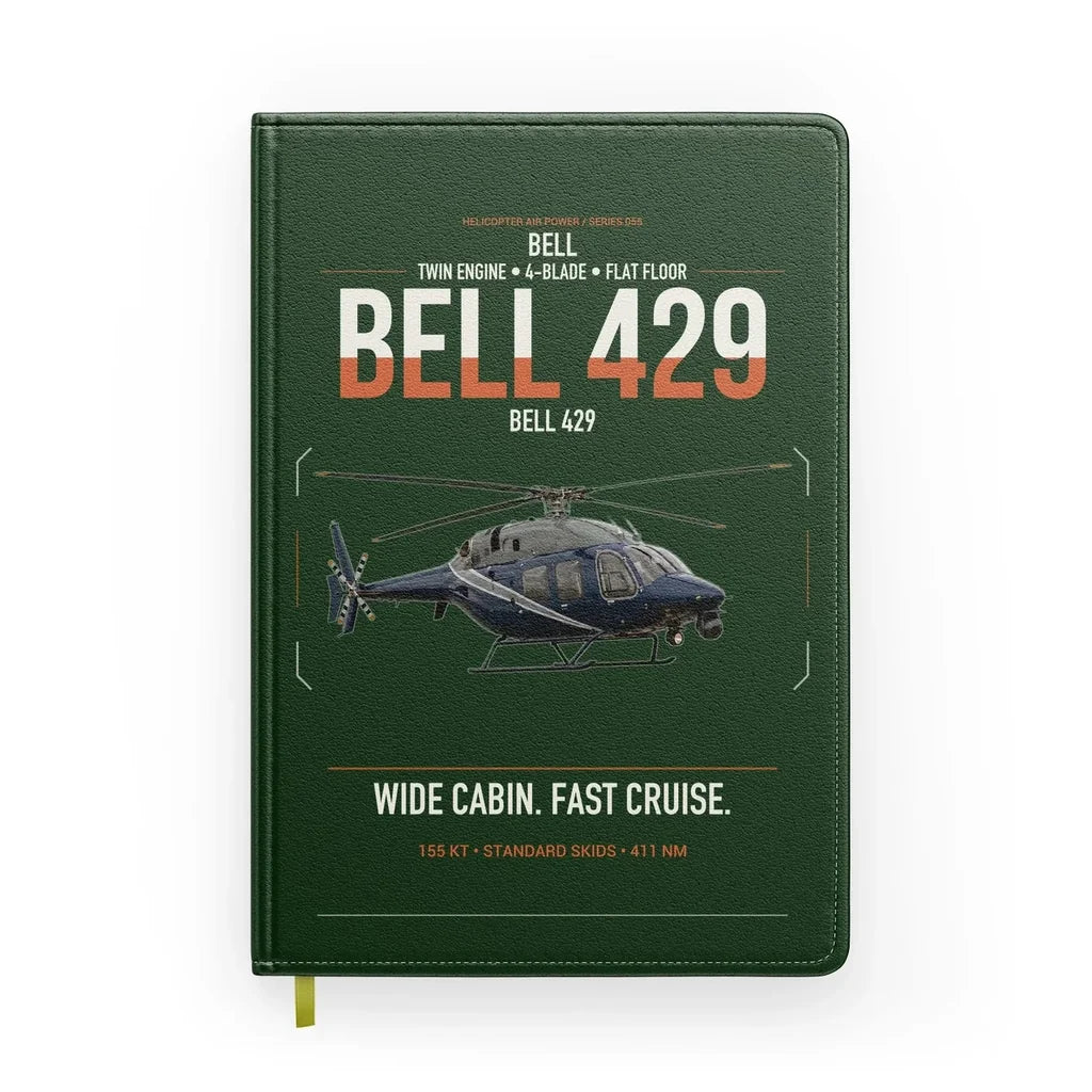 Bell 429 design on dark green notebook
