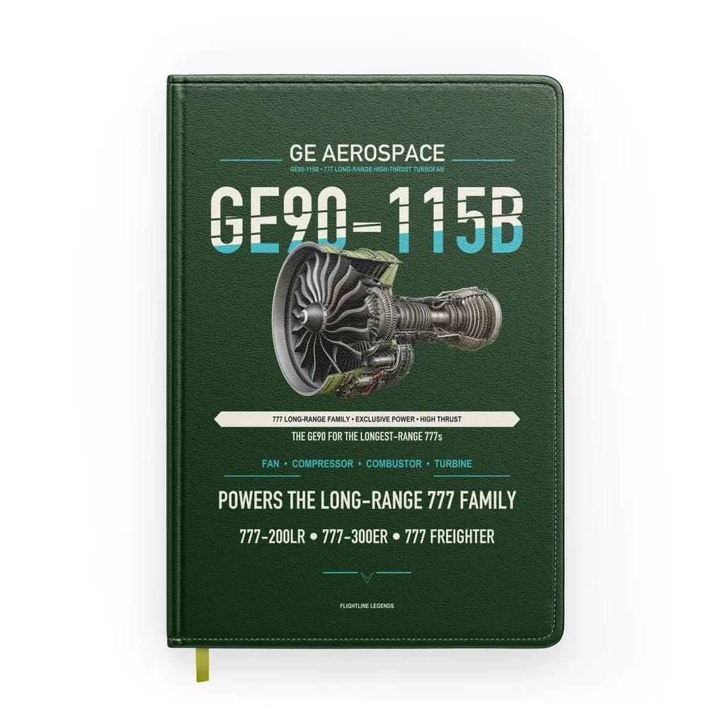 GE90-115B design on dark green notebook