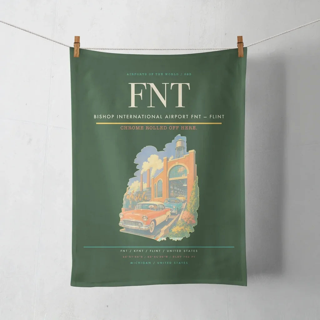 Bishop International Airport (FNT) design on dark green towel