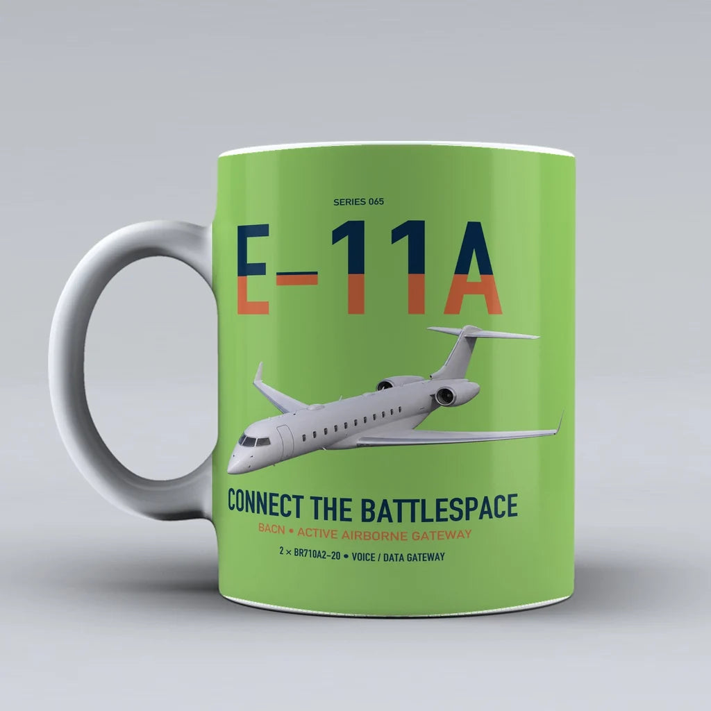 E-11A BACN design on light green ceramic mug, double-side print