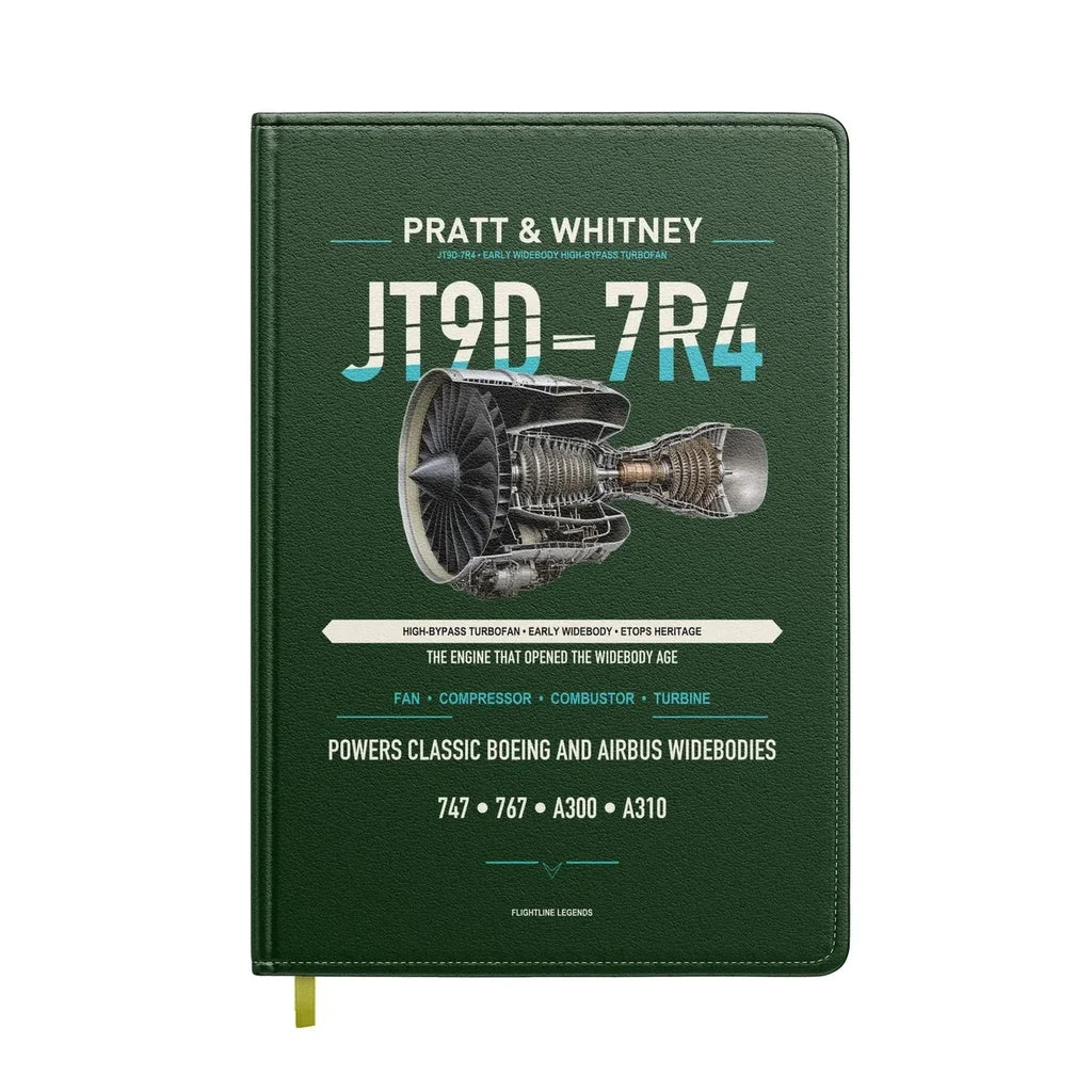 JT9D-7R4 design on dark green notebook