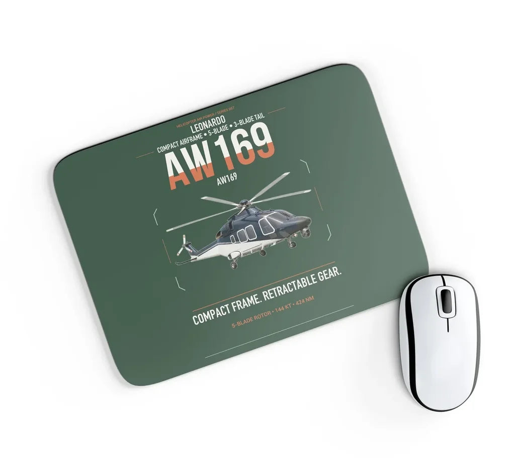 Leonardo AW169 design on dark green rectangle mouse pad