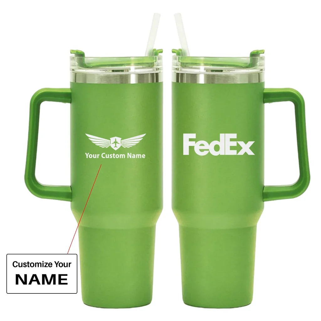 FedEx 40oz Stainless Steel Car Mug With Holder, Green+Name