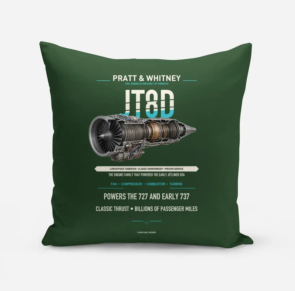 JT8D design on dark green pillow