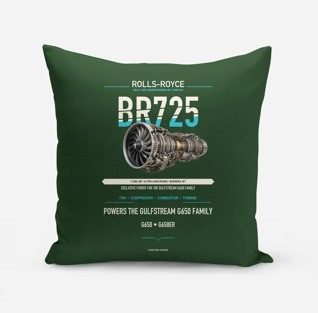BR725 design on dark green pillow